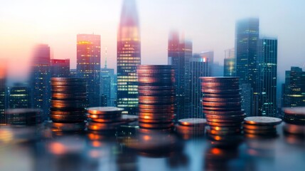 Poster - City skyline superimposed on a background of stacked coins, conveying the concept of finance and economic growth within urban settings.