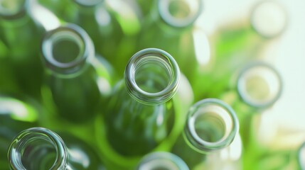 Poster - Aerial View of Symmetrical Green Perfume Bottles on Intricate Geometric Background with Bright Diffused Lighting