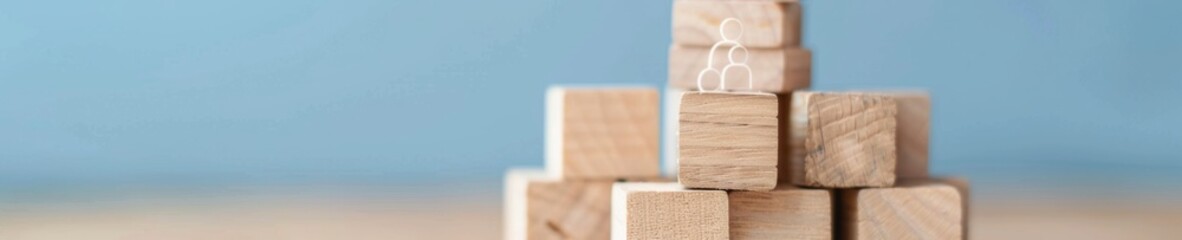 Flat Lay of Human Icons on Wooden Blocks Connecting to Dollar Symbol on Royal Blue Background – Financial Focus and Strategic Connections