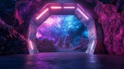 Poster - A futuristic, high-tech door with LED lights opens to a dazzling, alien planet with strange rock formations and colorful nebulas.