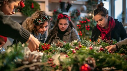 Wall Mural - Festive Christmas Wreath Workshop: Participants Creating Personalized Holiday Decorations