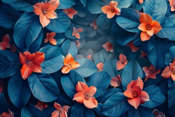 Wall Mural - Vibrant orange flowers blooming among large, dark blue leaves, creating a captivating floral arrangement.