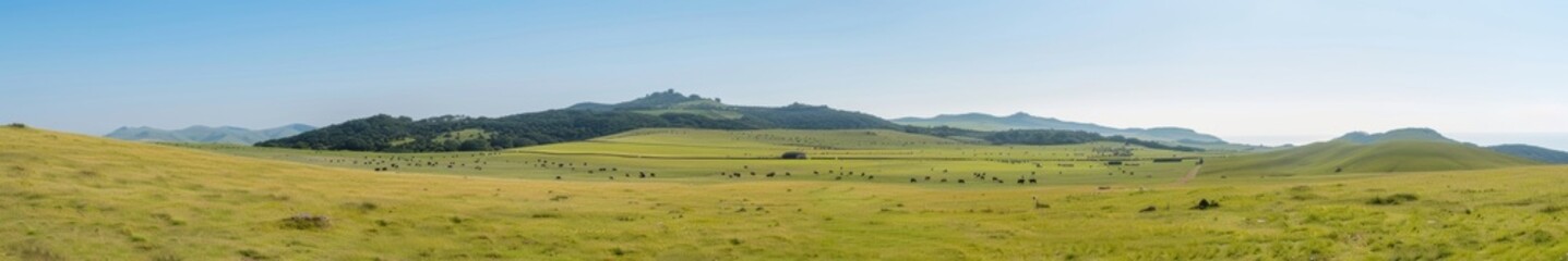 Wall Mural - Serene Rural Landscape with Rolling Hills, Grazing Livestock, and Farmhouse Under a Clear Blue Sky