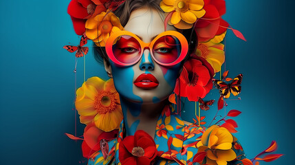 Wall Mural - modern collage of bright colours pop art woman artwork. conceptual poster of young female in sunglas