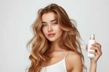 Beautiful woman with long blonde hair holding a white bottle with a gold lid.