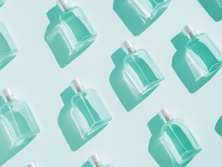 Poster - Pastel-Colored Pattern of Green Perfume Bottles with Soft Shadows on a Pale Blue Background in Bright Daylight
