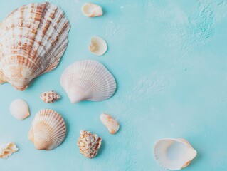Poster - Serene Pastel Seashell Arrangement on Blue Surface - Soft Natural Lighting, Calm Oceanic Atmosphere