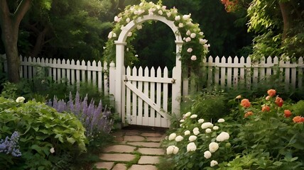 A slightly ajar white picket fence gate leading into a lush, overgrown garden