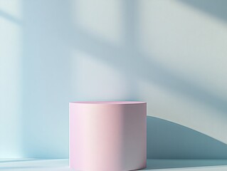 Minimalist Pastel Pink Cylinder on Light Blue Background with Soft Shadows Morning Natural Lighting