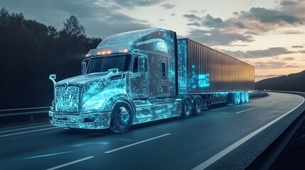 Futuristic semi-truck driving on a highway at dusk with a glowing blue digital outline.