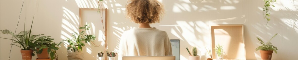 Poster - Young Latina Woman Remote Working at Home Desk in Cozy Well-Decorated Room with Plants and Art Supplies in Morning Light