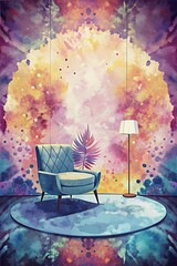 Poster - A cozy chair sits in a dreamy colorful room under soft lighting.