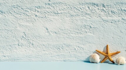 Aufkleber - Serene Pastel Blue Stucco Table with Seashells and Starfish on a Peaceful Beach at Dusk, with Soft Natural Lighting and Calm Atmosphere