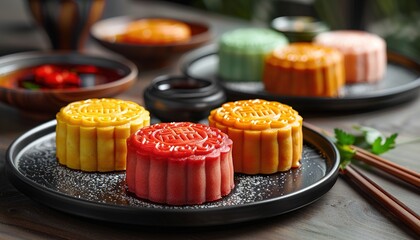 Canvas Print - Colorful moon cakes are placed on black plates. 