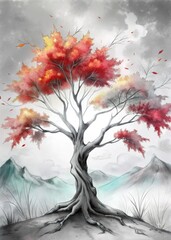 Poster - A lone tree with fiery red leaves stands against a misty backdrop.