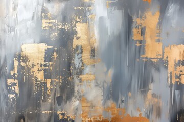 Abstract art with gray, white, and gold paint splatters.