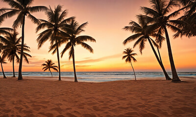 Wall Mural - a sunset paints the sky in hues of orange pink over a tranquil beach with a palm tree swaying gently