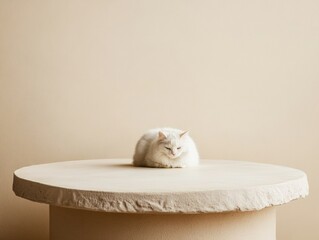 Poster - Tranquil White Cat on Circular Table Against Pastel Pink Wall - Soothing Abstract Home Decor with Symmetry and Smooth Movements