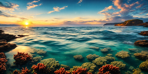 Wall Mural - a vivid sunset paints the sky with warm hues as the sea surface mirrors the colorful spectacle, whil