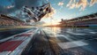 © hisilly - Checkered Flag Waving at Racing Finish Line with Track in Background - Motorsport Victory