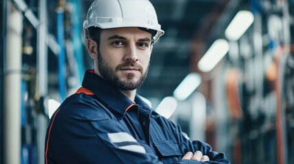Poster - Portrait of an electrical engineer in uniform, with a blurred electrical system in the background, focusing on the professional expertise