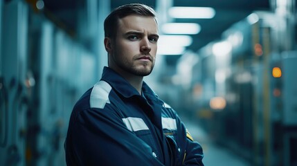 Poster - Portrait of an electrical engineer in uniform, with a blurred electrical system in the background, focusing on the professional expertise