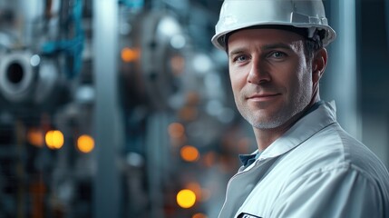 Poster - Portrait of an electrical engineer in uniform, with a blurred electrical system in the background, focusing on the professional expertise