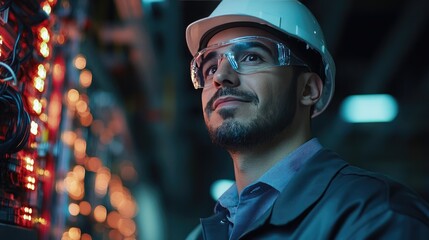 Poster - Portrait of an electrical engineer in uniform, with a blurred electrical system in the background, focusing on the professional expertise