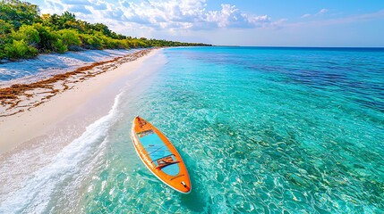 a striking orange and blue paddleboard on a white sand beach, with clear turquoise waves softly touc