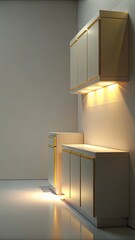 Sticker - Modern kitchen cabinets are illuminated by soft overhead lights.