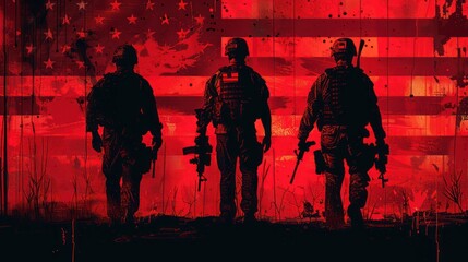 Wall Mural - Soldiers Saluting the Flag - USA Army Silhouettes with American Flag Background - Generative AI