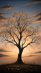 Poster - A lone tree decorated with hanging lights at sunset.