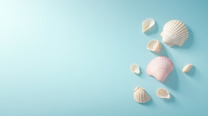 Poster - Elegant Pastel Pink Seashells on Blue Table with Soft Natural Lighting and Smooth Gradient Background – Serene and Calming Atmosphere
