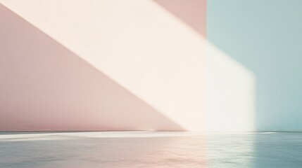 Poster - Minimalist Urban Flat with Pastel Pink and Light Blue Stucco, Bathed in Gentle Sunrise Light - Calm and Tranquil Early Morning Scene