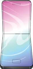 Poster - smartphone with a flexible screen is folding in half, showing a blank screen with a colorful backgro