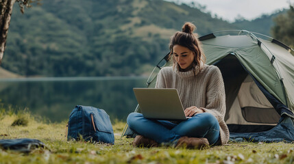 young woman working on a laptop outside a tent by a lakeside, blending remote work with nature in a 