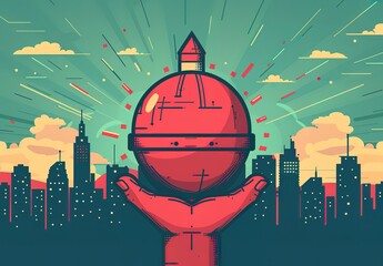 Wall Mural - A cartoon drawing of a person holding a red ball with a city in the background