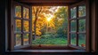 © kamonrat - Golden sunrise view from an open window overlooking a lush autumn garden