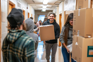 Students Moving into Dorm Rooms with Laughter and Chatter on Busy Hallway