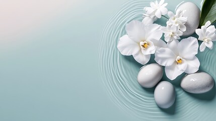 Wall Mural - spa flowers gently floating on a tranquil water surface, surrounded by smooth stones and soft ripple