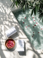 Wall Mural - Aerial view of a zen garden scene with petals scattered on water, flowing stream, bamboo, and rolled towels, sunlit shadows, more clarity with clear light and sharp focus, high detailed