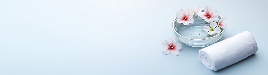 Wall Mural - Overhead view of a peaceful spa setup with flowers floating in a water bowl, towel rolled beside it, isolated on a soft gradient background, more clarity with clear light and sharp focus, high