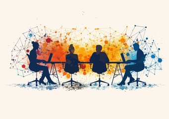 Poster - Remote Team Teleconferencing in Modern Business Setting - Vector Illustration with Network Communication, Silhouetted Figures, Digital Connectivity, and Abstract Artistic Background