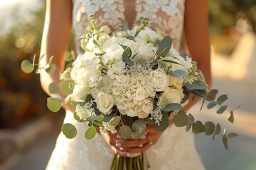 Eucalyptus Bliss: Bride and Groom Wedding Couple with White Flowers Bouquet