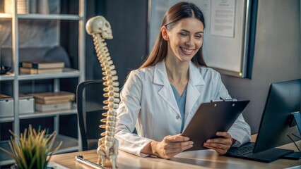 Poster -  a woman in a white lab coat is sitting at a desk