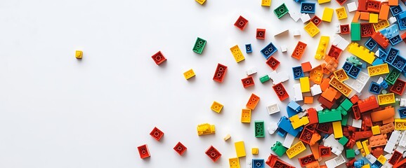 Colorful plastic building blocks scattered on a white background.