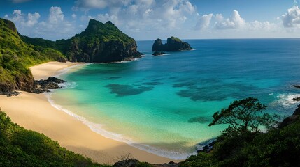 Sticker - A serene view of a beach in Fernando de Noronha, with turquoise waters, white sand, and rocky cliffs.