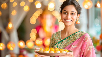 Young beautiful indian woman in saree, holding laddoo plate on diwali festival