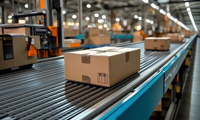 Poster - A cardboard box moves along a conveyor belt in a warehouse.