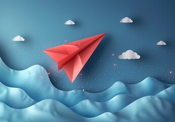 Wall Mural - A red paper airplane is flying over the ocean